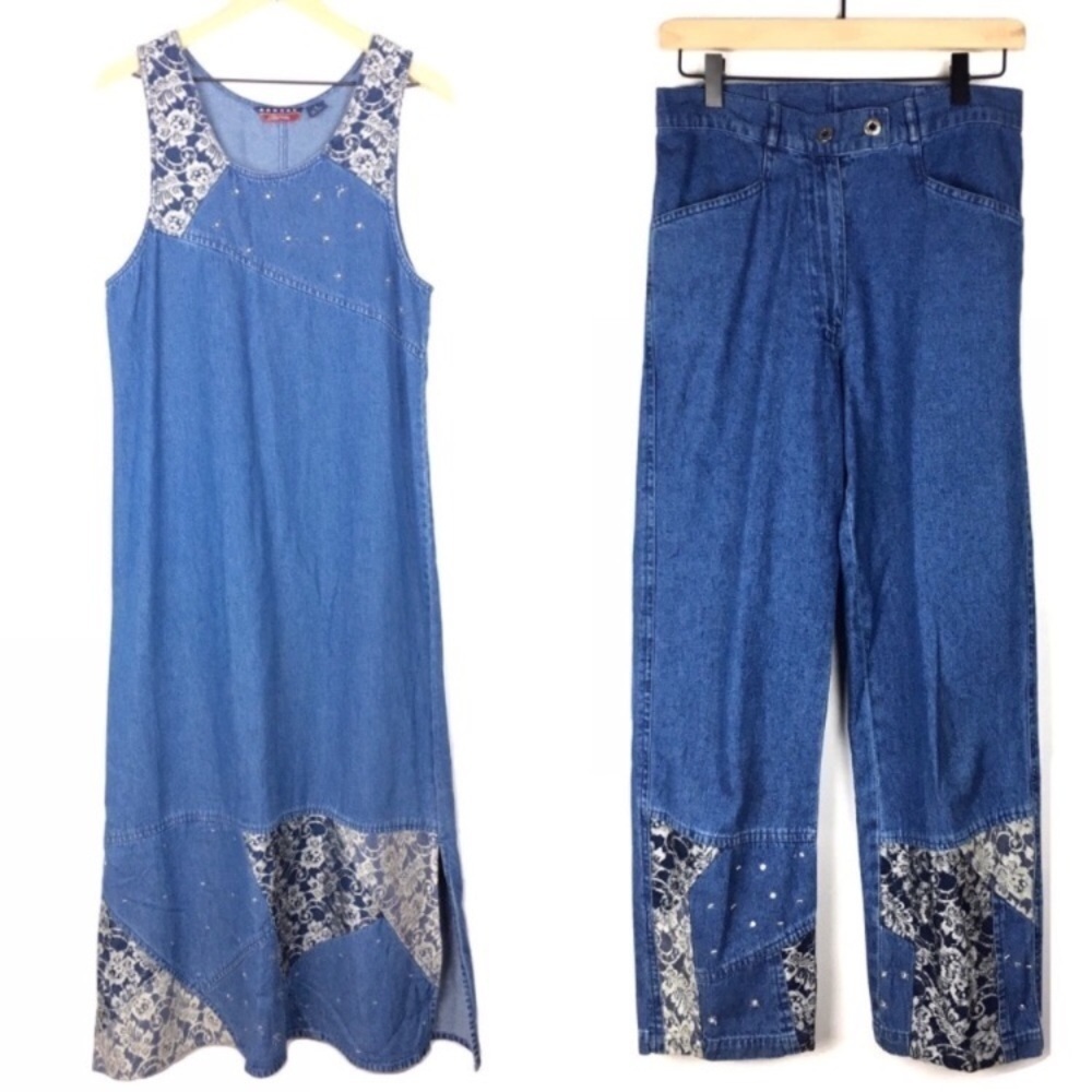 VINTAGE 90s Y2K Denim Maxi Dress Jumper Jeans Western Southwestern Agapo Small